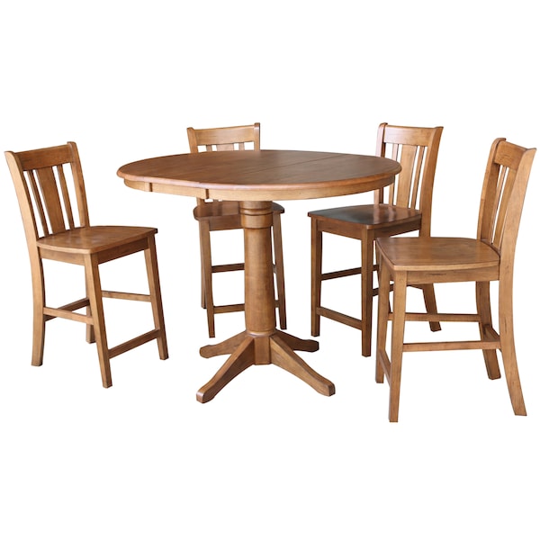 International Concepts Round 36 in Rd Extension Dining Table, 4 San Remo Stools, Distressed Oak, 36 in W, 48 in L, Wood K42-36RXT-27B-S102-4 - main